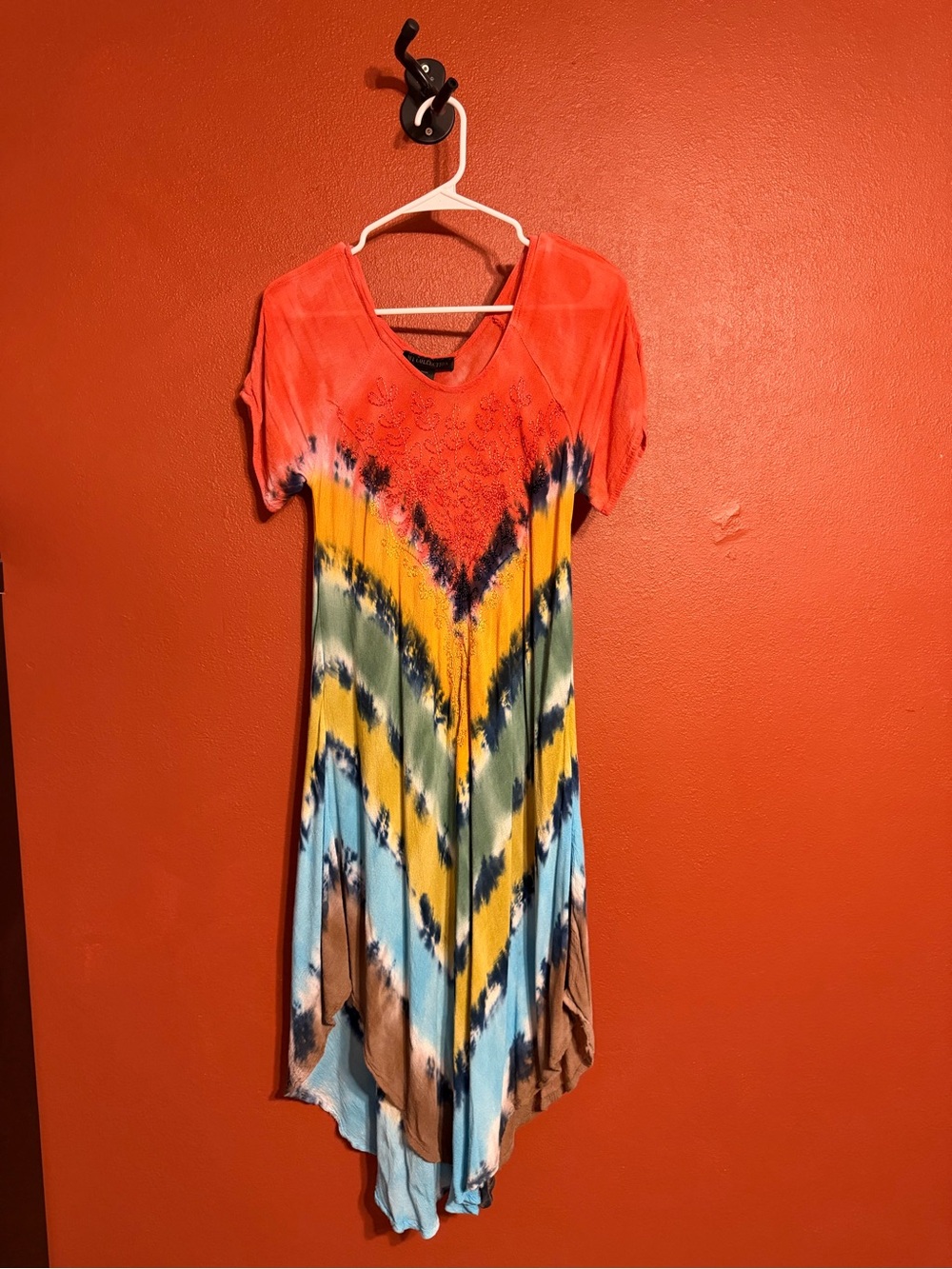 V-Neck Tie-Dye Maxi Dress in Coral, Yellow & Blue